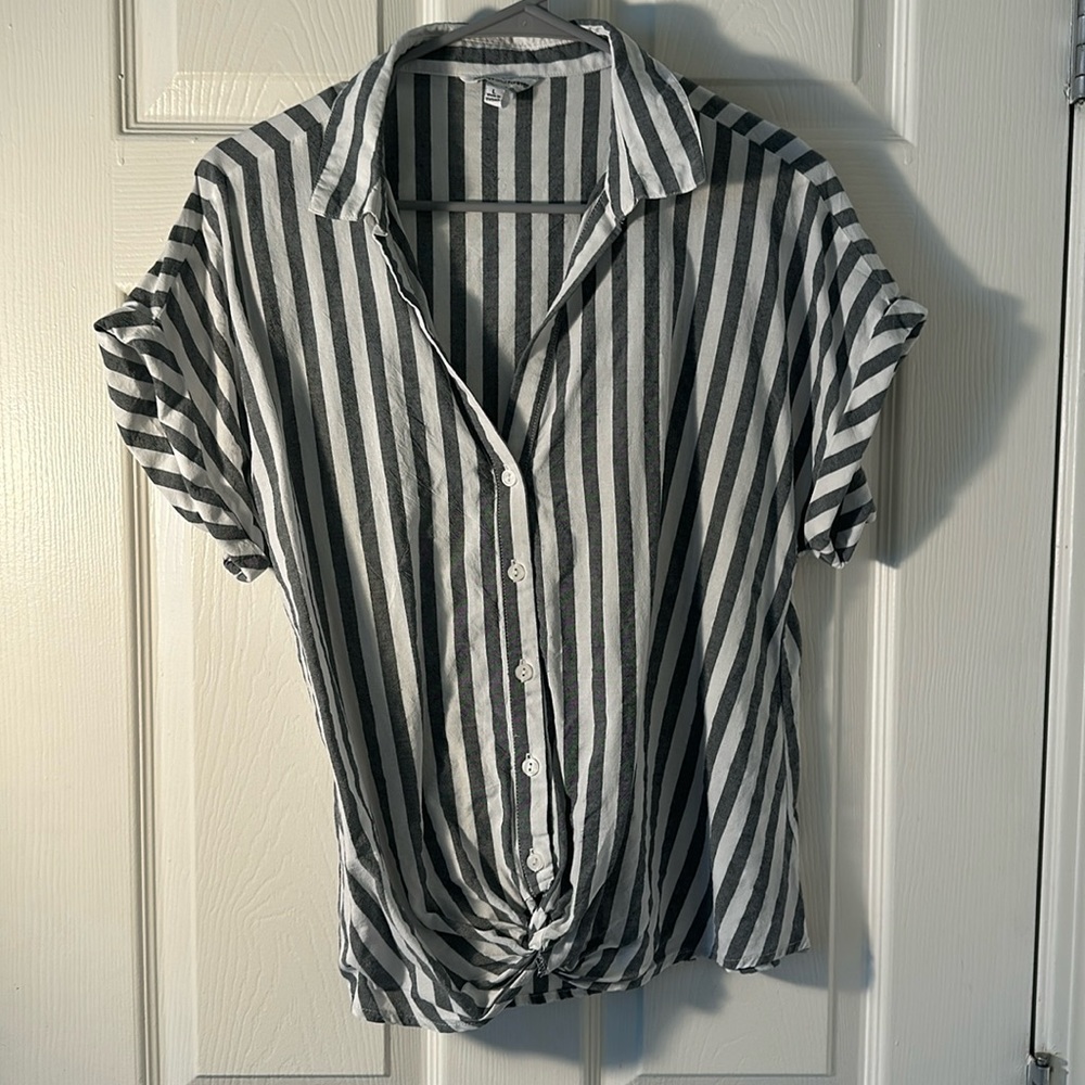 Grey and white stripped collared shirt